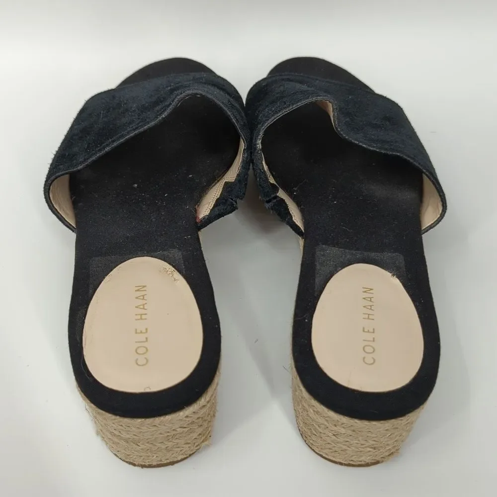 Cole Haan Giselle Espadrille Slide Sandals Black Suede Upper Woven High Heels 8B